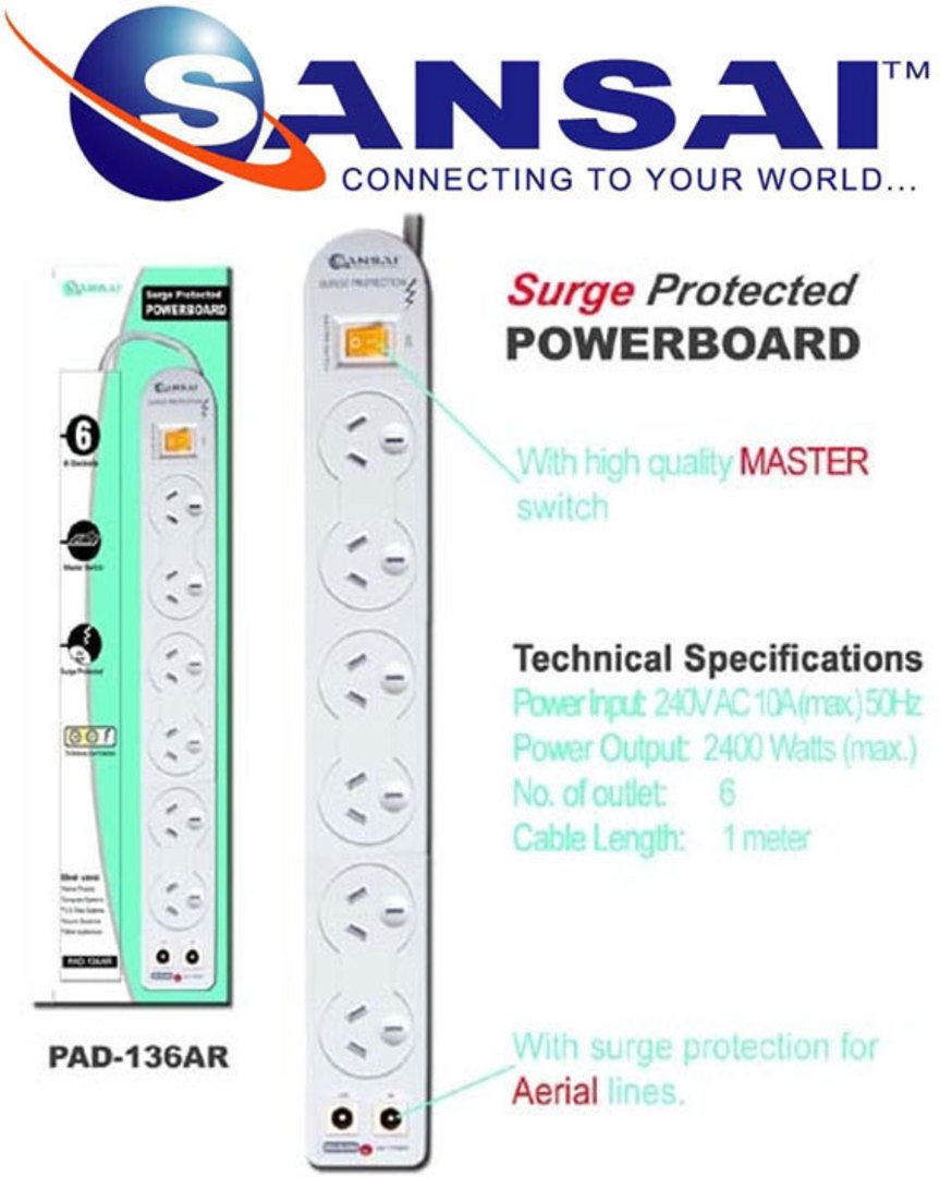 SANSAI 6 Way Surge Powerboard with TV line image 0